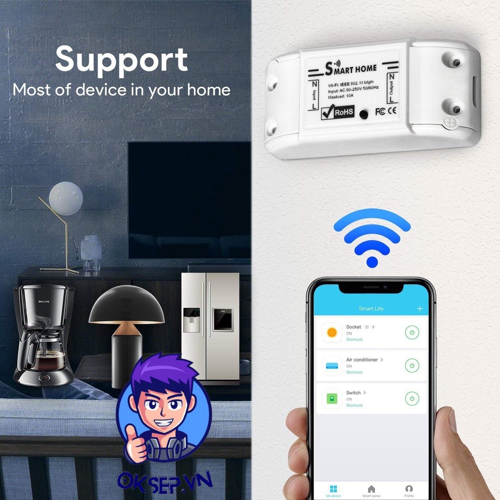 Công Tắc Điều Khiển Từ Xa Qua WiFi SMART HOME ON / OFF Trên Điện Thoại