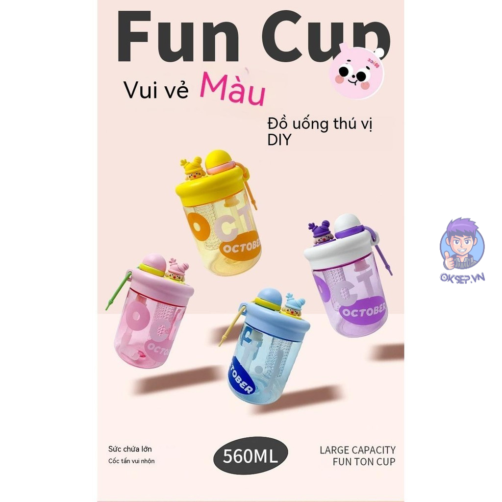 Bình Nước Hoạt Hình Dễ Thương OCT 560ml Chống Rỉ Nước Khi Úp Ngược, Có Quai Cầm Chắc Chăn OKSEP